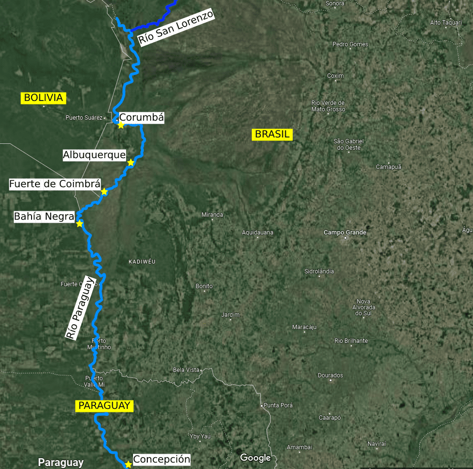 Trayecto de las fuerzas del coronel Barrios en el río Paraguay